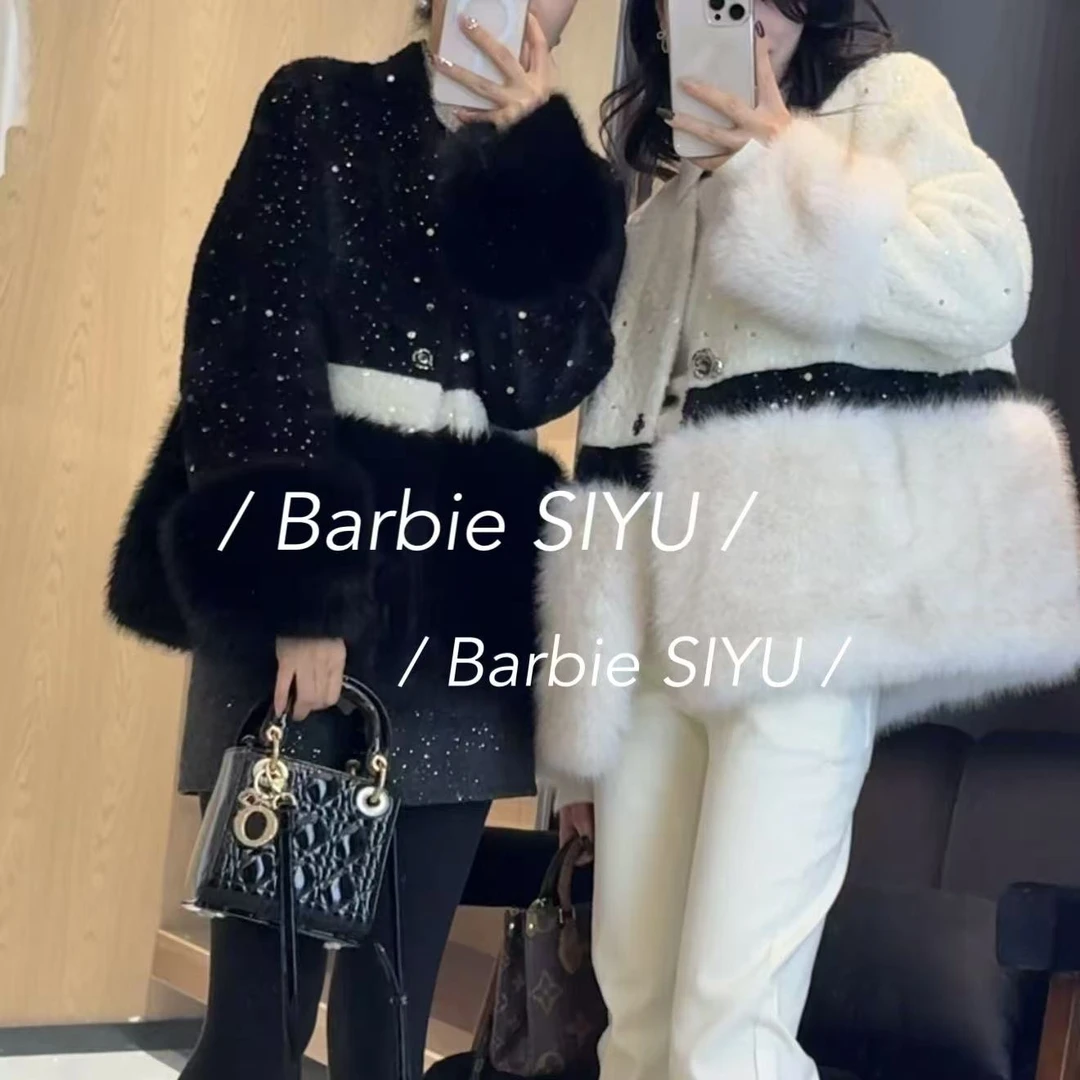 Barbie【薇薇推荐】秋冬老钱风气质宽松时尚中长款外套皮毛一体8577