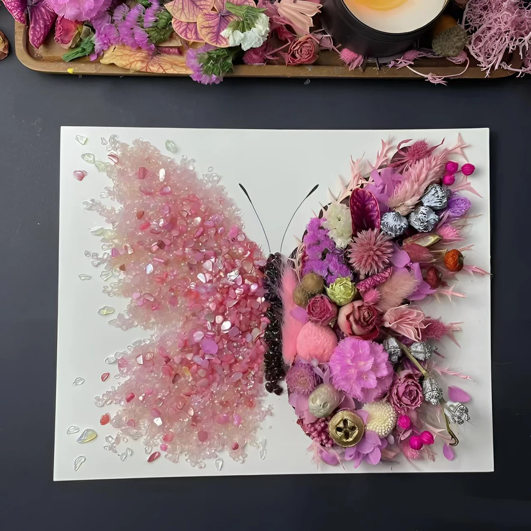 情人节浪漫干花水晶材料包手工石头画紫色蝴蝶相框情侣礼物diy