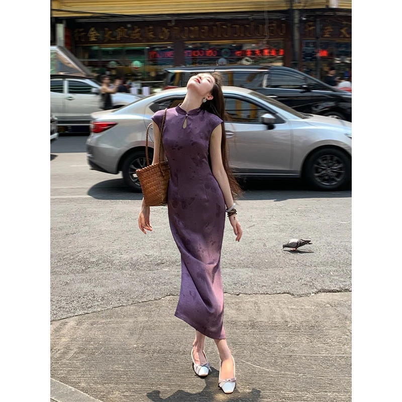 芙蓉紫色日常改良旗袍女2025春夏百搭新中式蝴蝶长款水滴领连衣裙