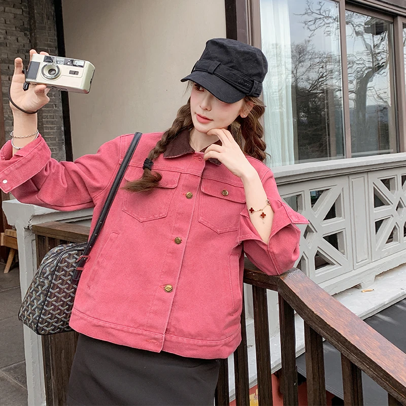 日系复古树莓色翻领外套女春2025新款设计感小众宽松工装夹克上衣