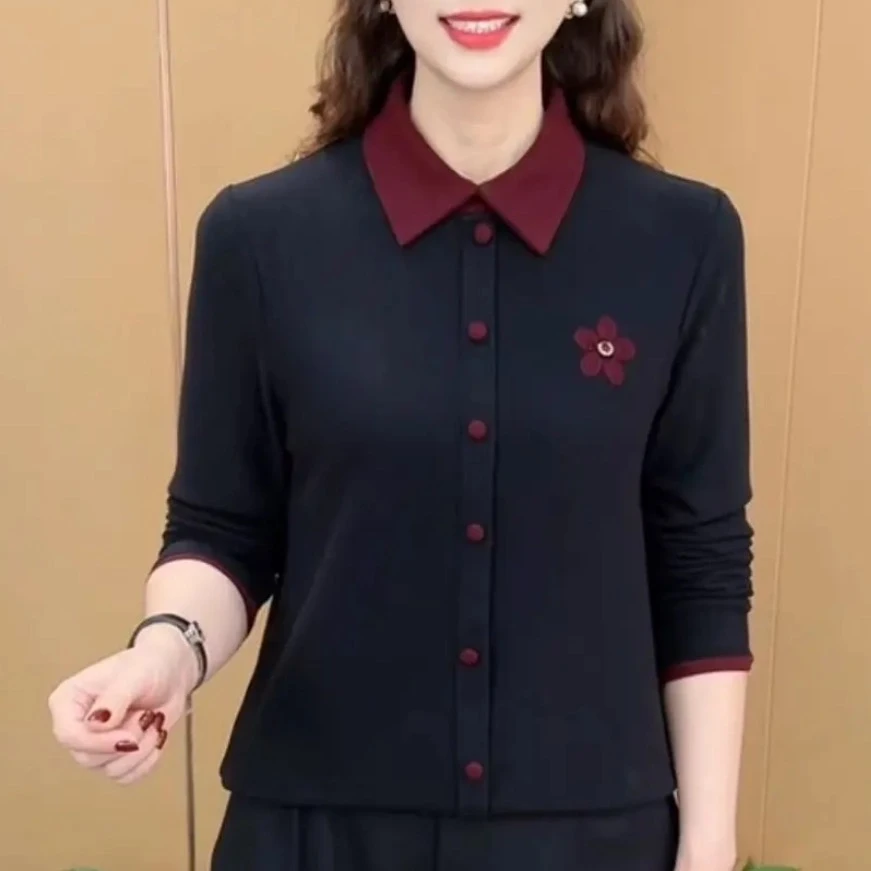 冬季新款时尚百搭宽松显瘦双面澳绒保暖拼接花朵印花撞色翻领上衣