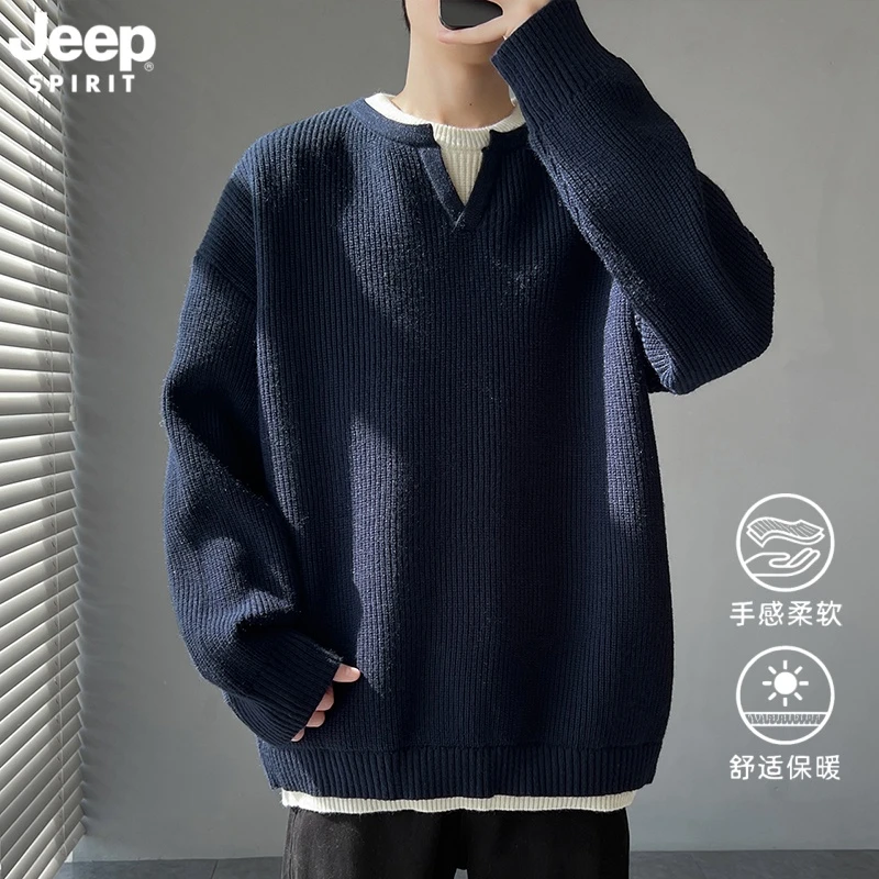 JEEPSPIRIT吉普日系休闲假两件针织衫男秋季套头宽松上衣百搭毛衣