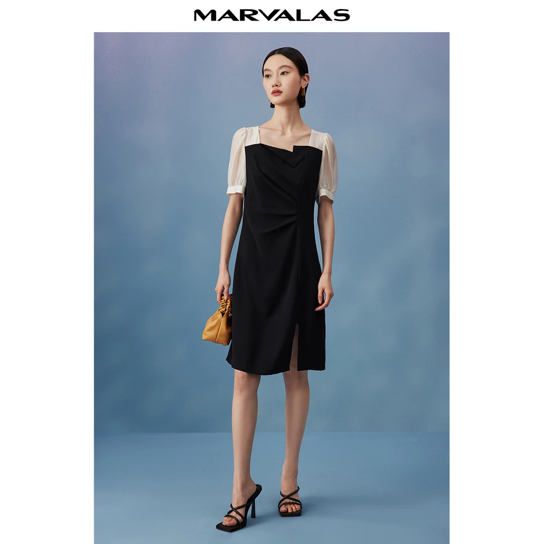 【小余专属】曼德诗莱赛尔天丝方领新款弹力拼接连衣裙MC534107819