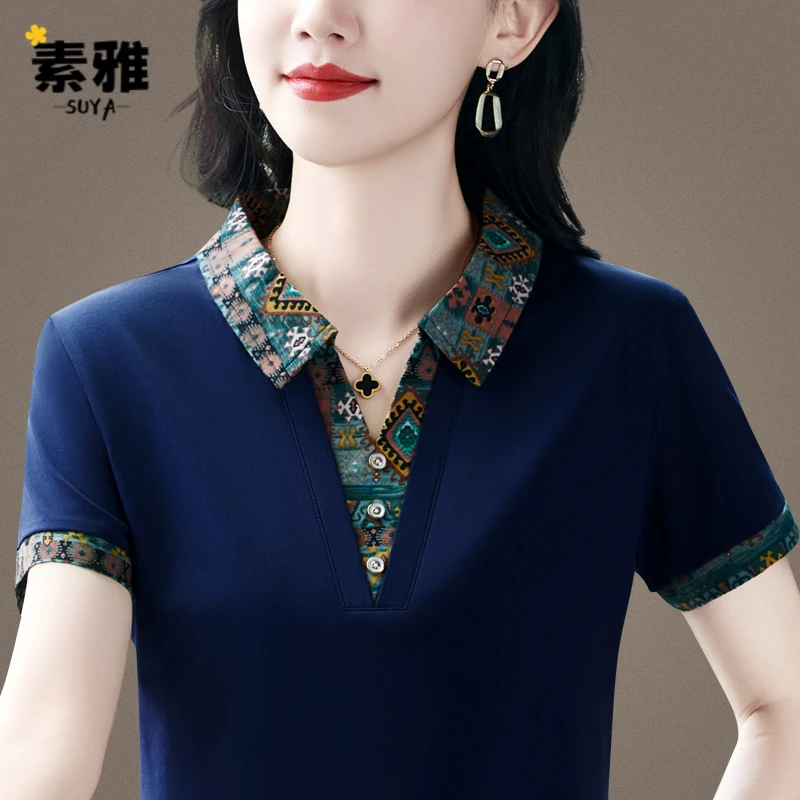 女士高档T恤夏季2025新款洋气中年妈妈翻领polo衫宽松休闲服上衣