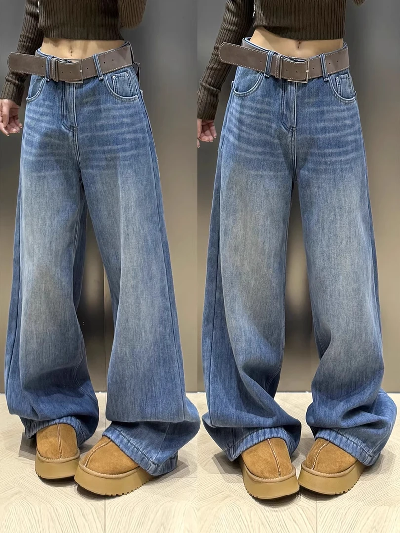 复古阔腿牛仔裤女秋季新款大码胖mm宽松显瘦小个子窄版直筒休闲裤