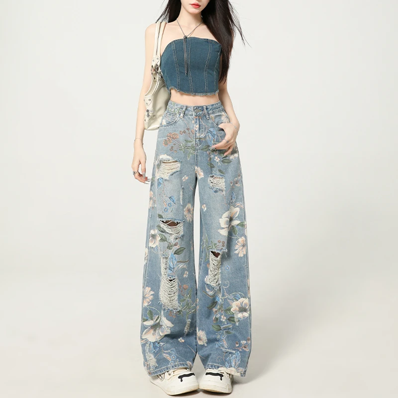 复古破洞印花阔腿牛仔裤女2025冬季新款高腰宽松垂感堆堆拖地长裤