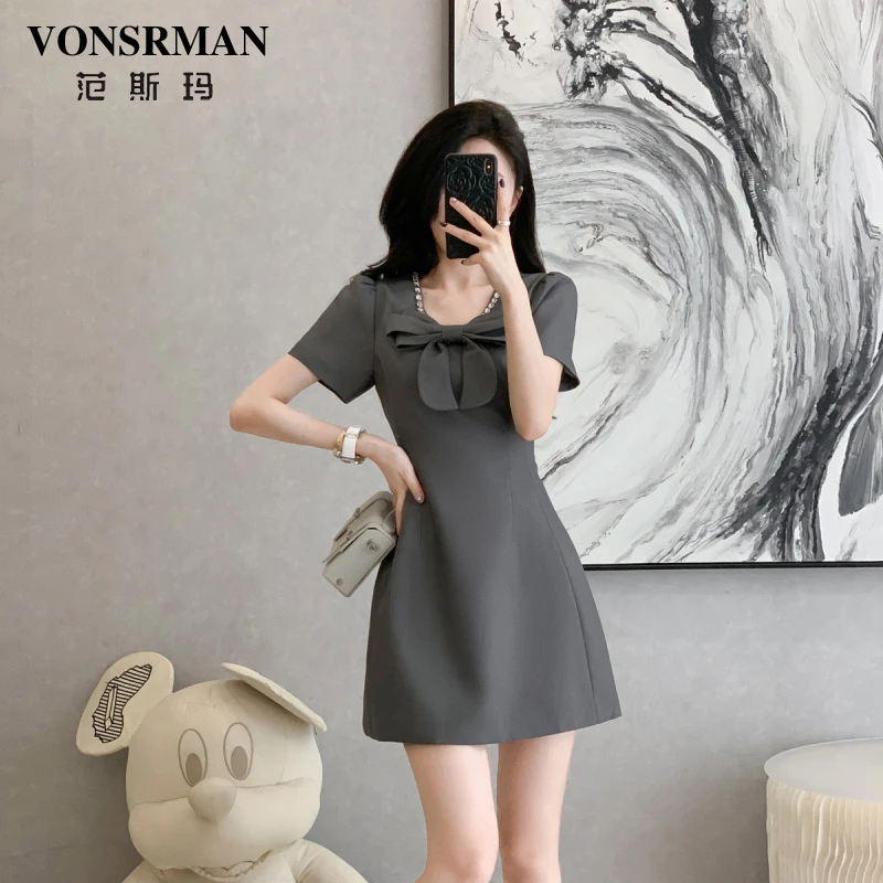 法式小香风蝴蝶结短袖连衣裙女夏季新款气质修身纯欲慵懒风女装