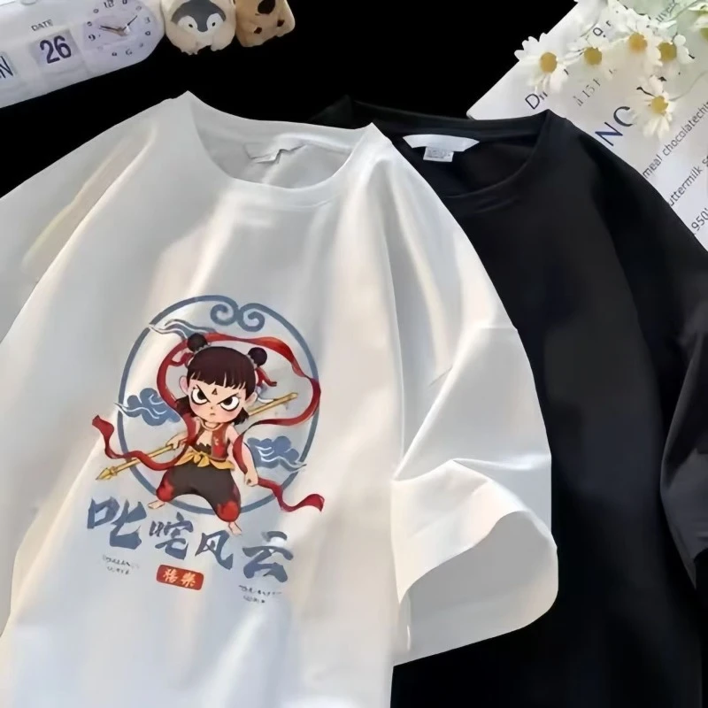 2025新款叱咤风云重磅纯棉短袖印花流行圆领宽松情侣五分袖t恤