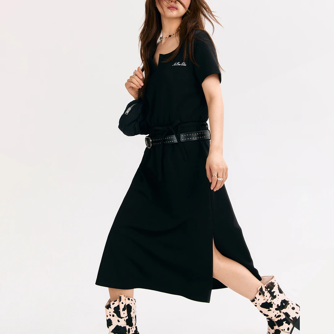 NO ONE ELSE美式复古女装夏季抽绳收腰半开领中裙字母短袖连衣裙