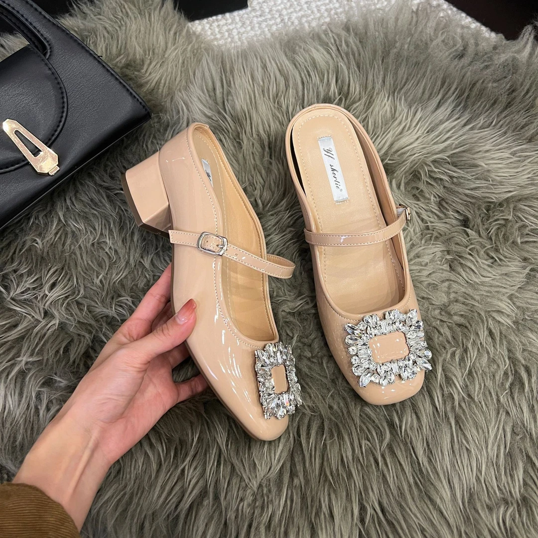 新款增高杏色水钻职场方扣高跟鞋女夏外穿高跟鞋小妈妈水钻拖鞋
