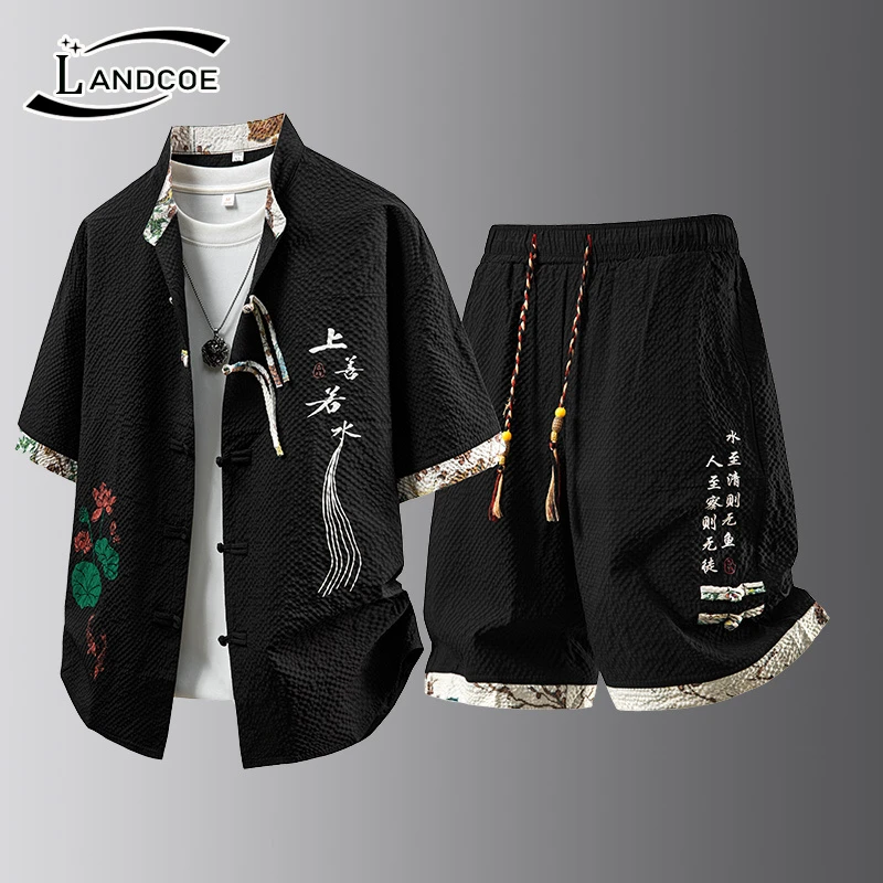 青年短袖短裤套装男士新中式夏季薄款宽松休闲国潮痞帅衬衫五分裤