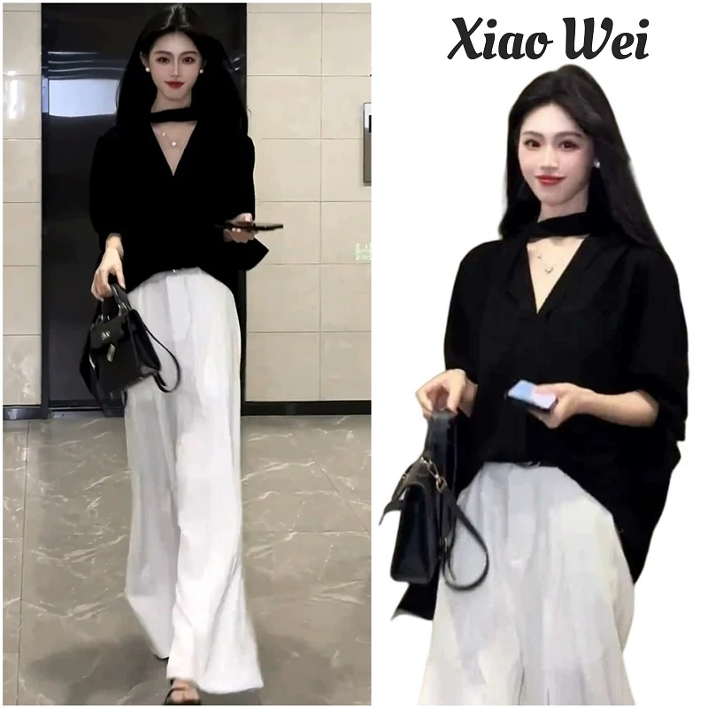 2025夏季新款法式气质高级感黑色长袖上衣高腰阔腿裤时尚两件套女