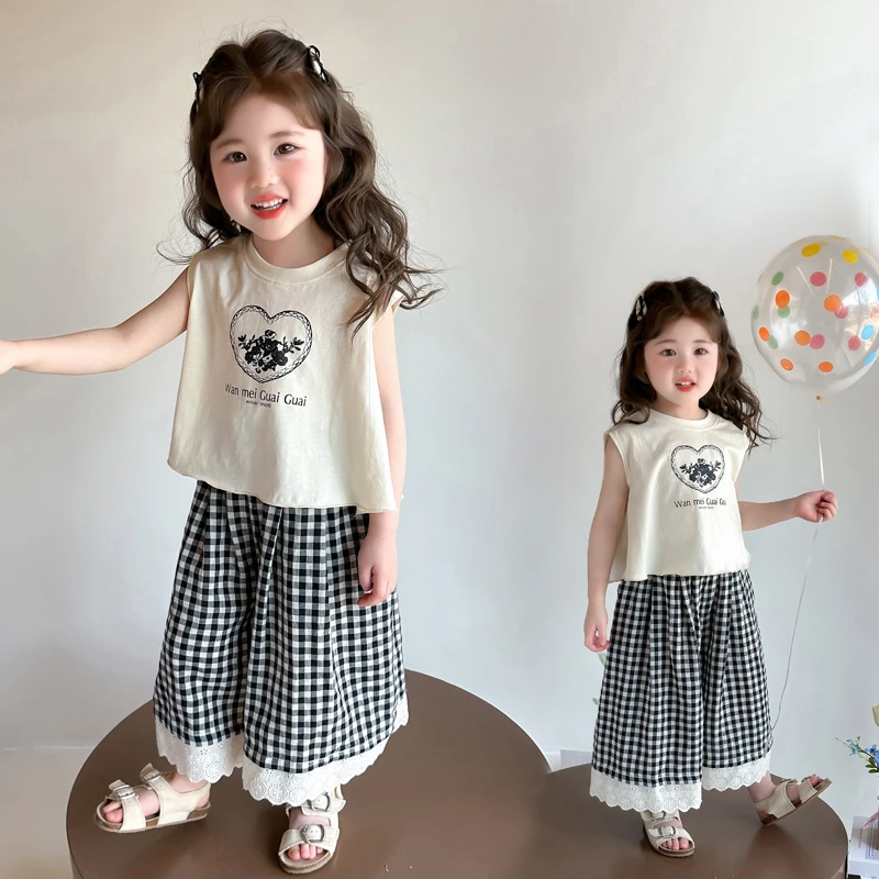 女童套装韩版洋气女宝宝无袖背心格子阔腿裤两件套小女孩时髦夏装