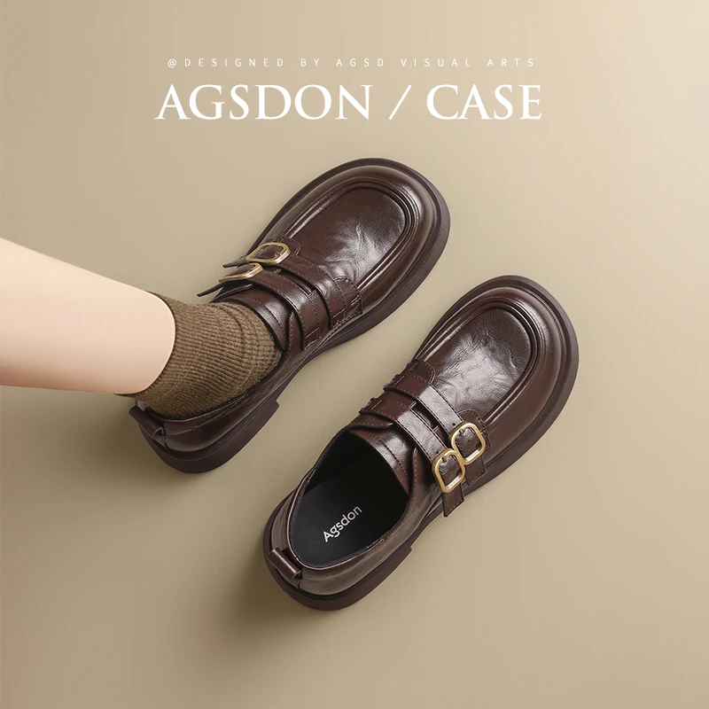 /奥古狮登乐福鞋女2025新款秋季棕色双扣厚底单鞋美拉德小皮鞋爆Q