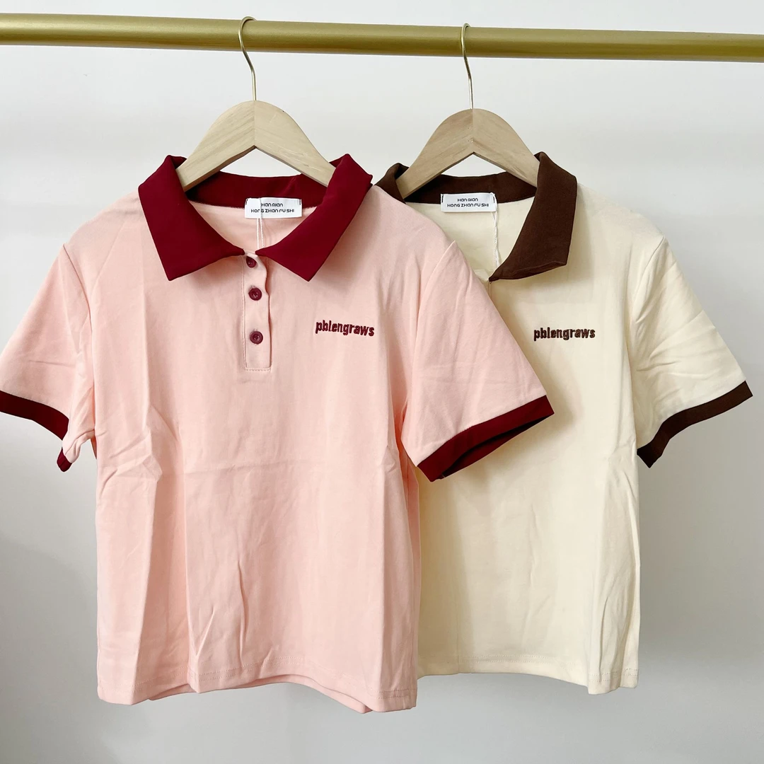 夏款女休闲印花刺绣百搭时尚韩潮复古美式港风圆领反领卡通撞色