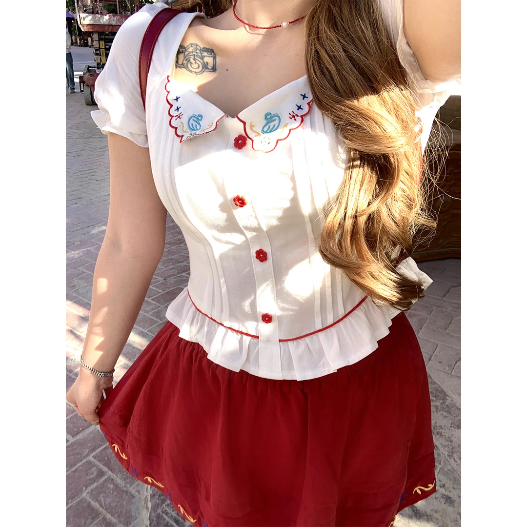【野樱莓情书】新款少女风刺绣衬衫半裙两件套A252C0125