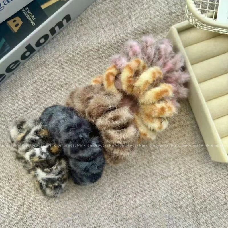 韩系毛绒豹纹电话线发圈女2025新款秋冬高弹力耐用橡皮筋头绳发饰