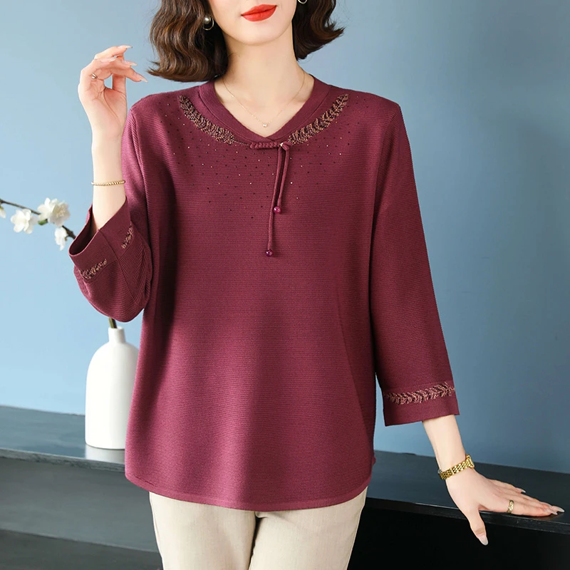 妈妈装中袖上衣女七分袖高端t恤中老年宽松遮肚子大码女装显瘦薄