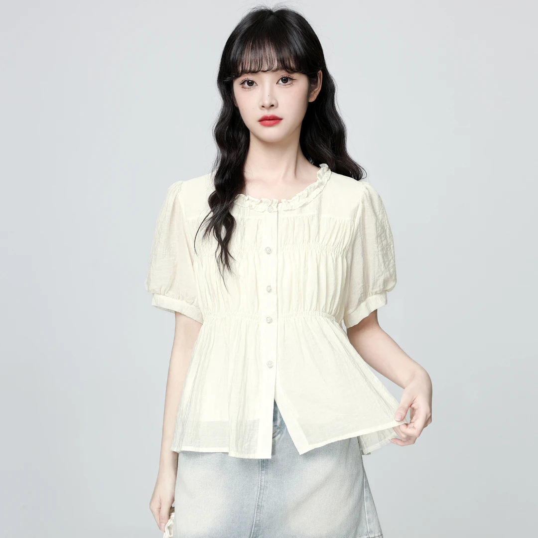 米白色圆领短袖衬衫女夏2025夏季新款设计感泡泡袖娃娃衫衬衣上衣