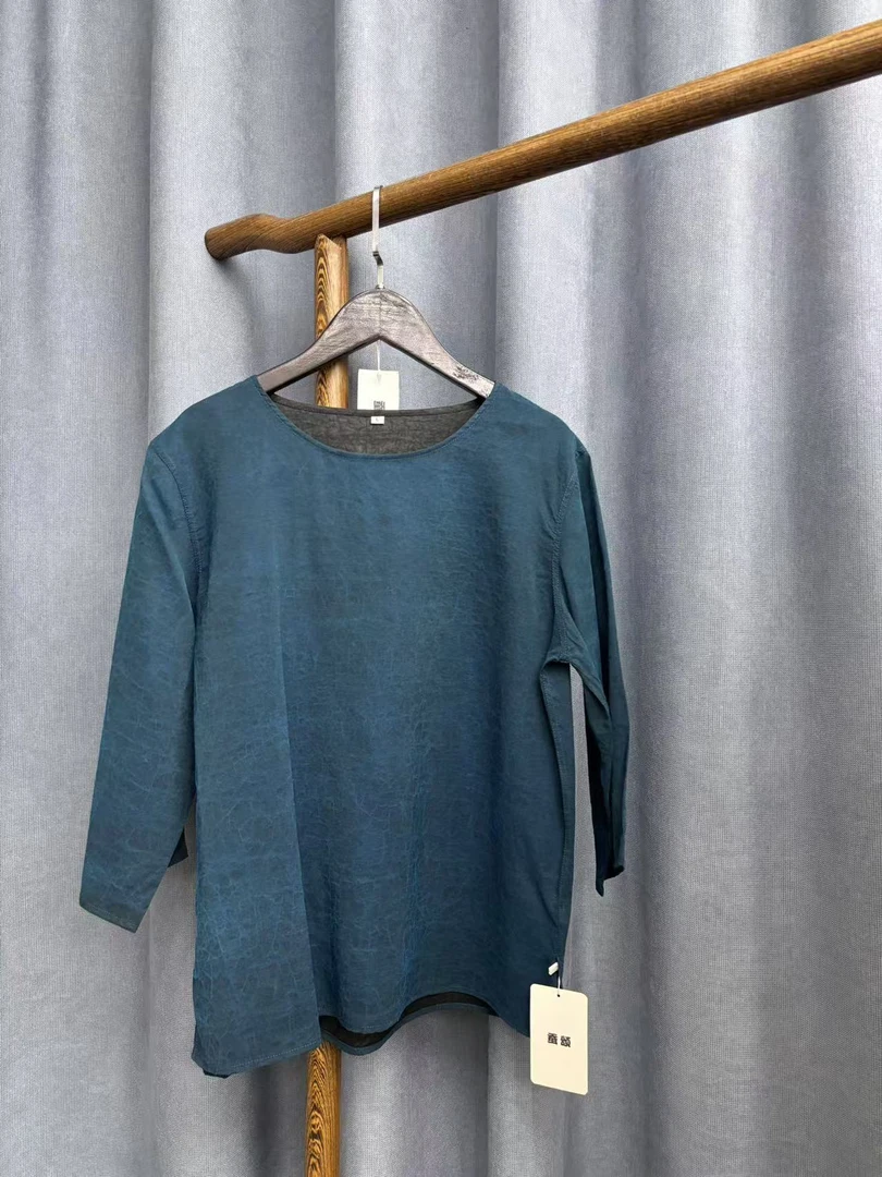 2025新款时尚休闲香云纱龟裂纹七分袖圆领上衣A919