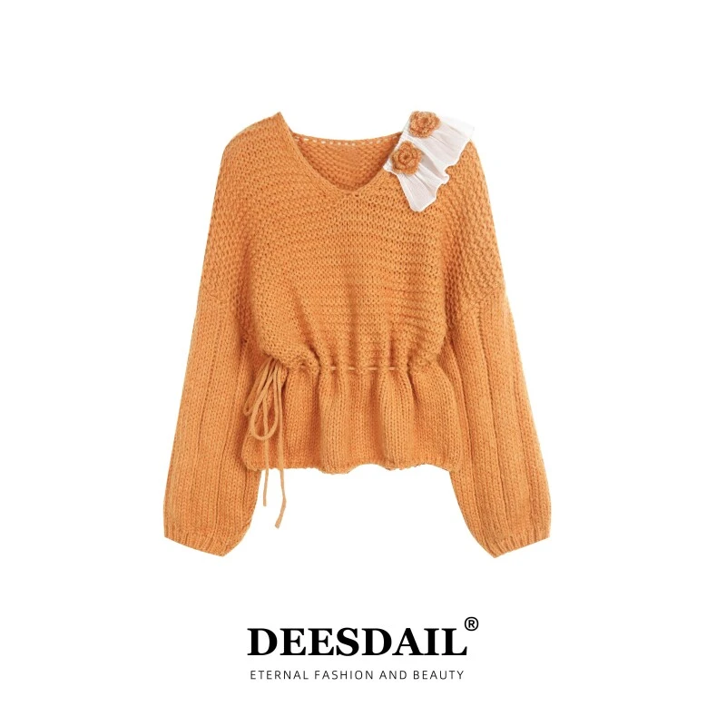 Deesdail冬季长袖橙色秋冬毛衣显瘦针织衫小众高级感慵懒女A134