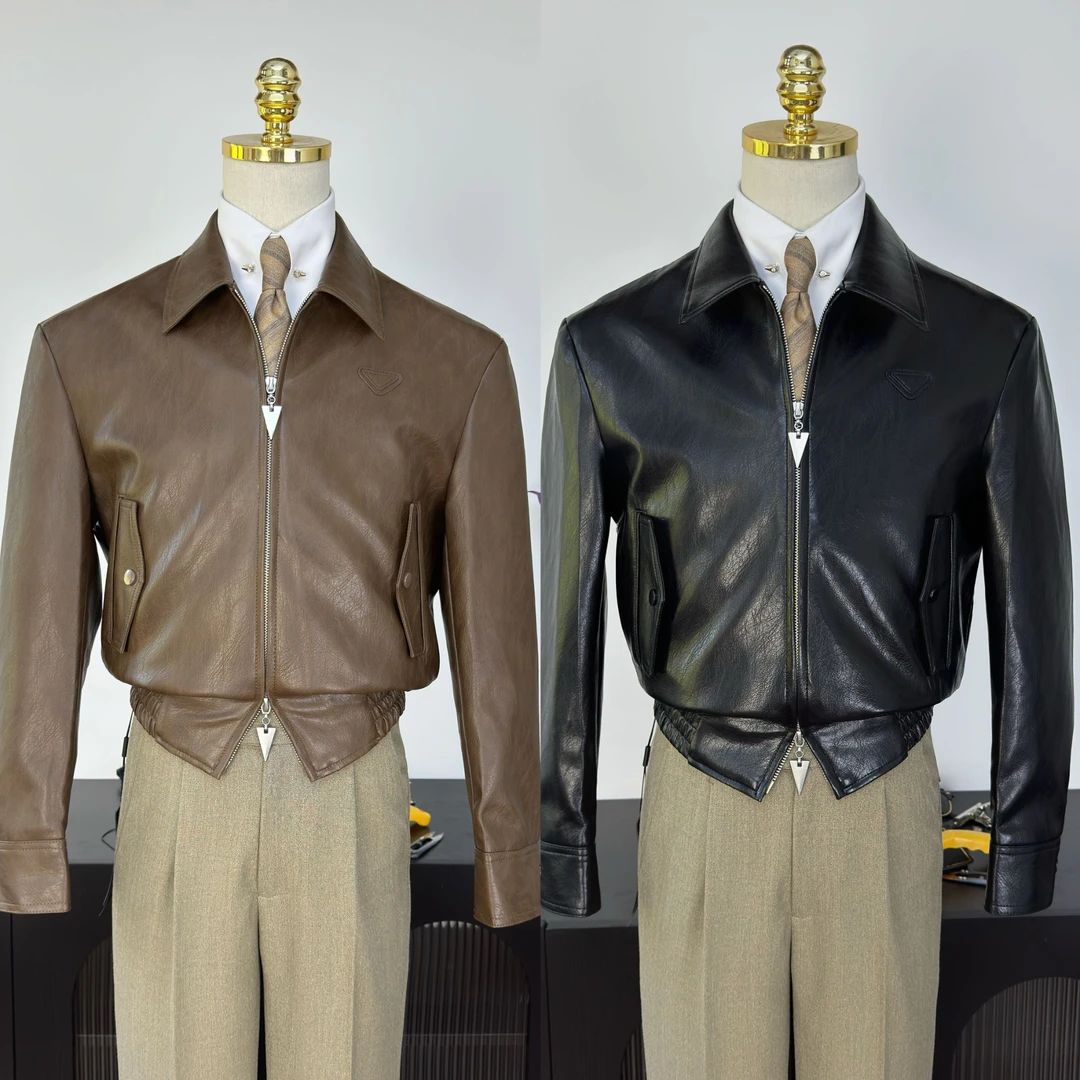 【西蒙曹】-秋冬短款箱型显高爆裂纹PU皮夹克