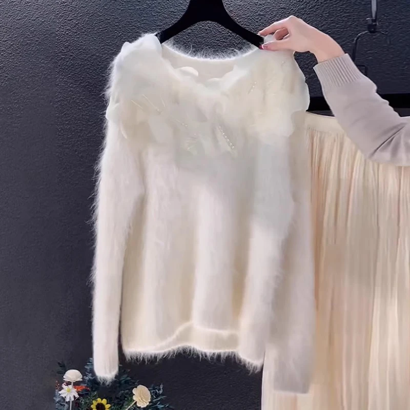 法式高级感立体花朵毛衣女秋冬慵懒风宽松洋气内搭打底针织衫上衣