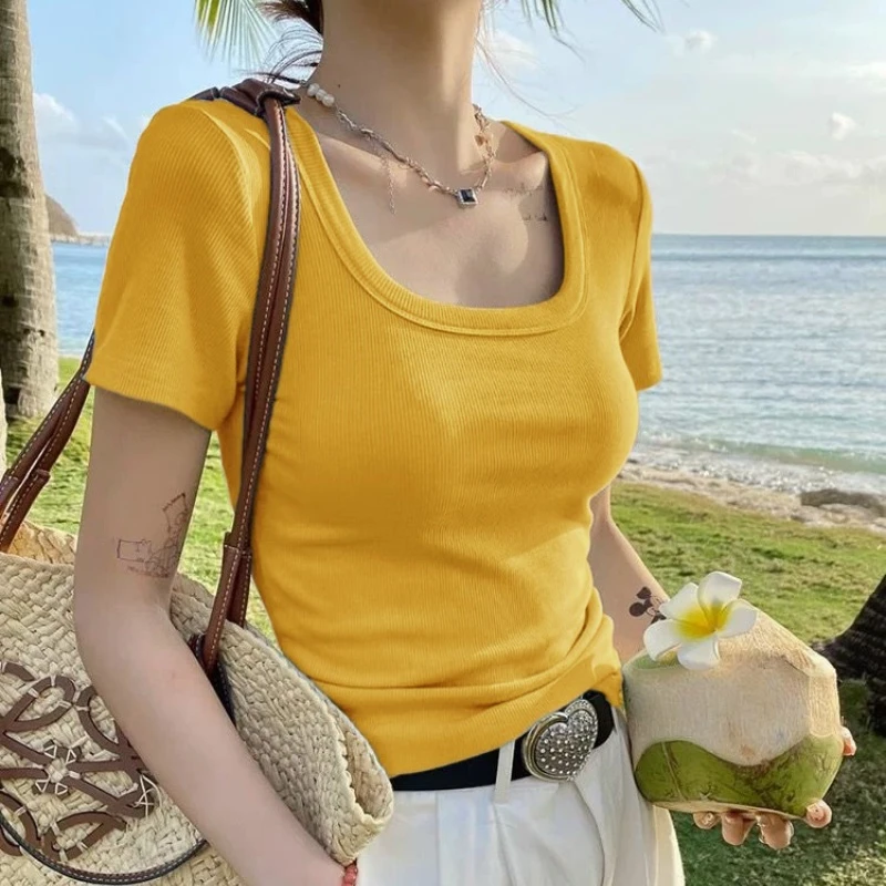 正肩短袖短款T恤女夏季新款U领上衣圆领修身显瘦设计感百搭打底衫
