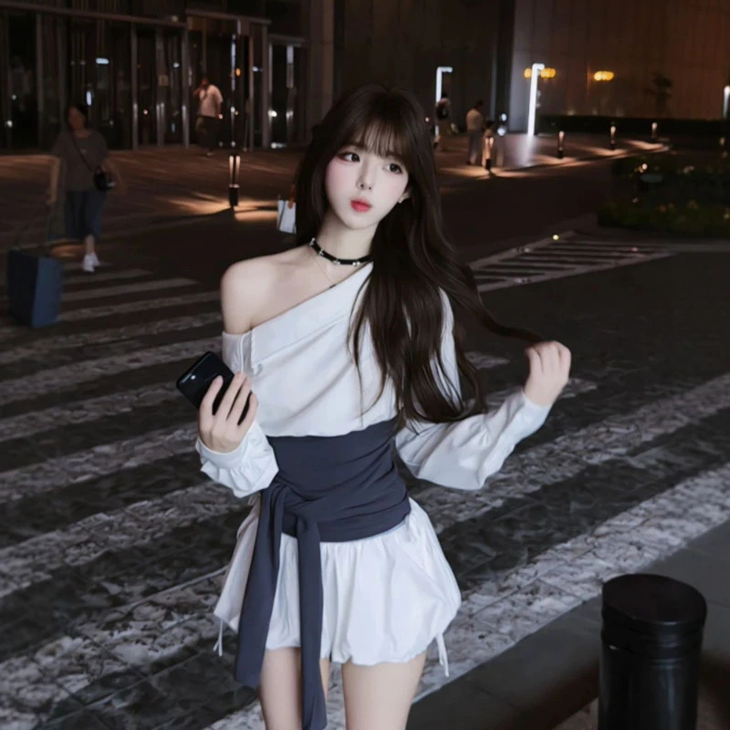 韩系时尚气质斜肩衬衫蓬蓬半身裙两件套装2025巨好看的秋装一整套