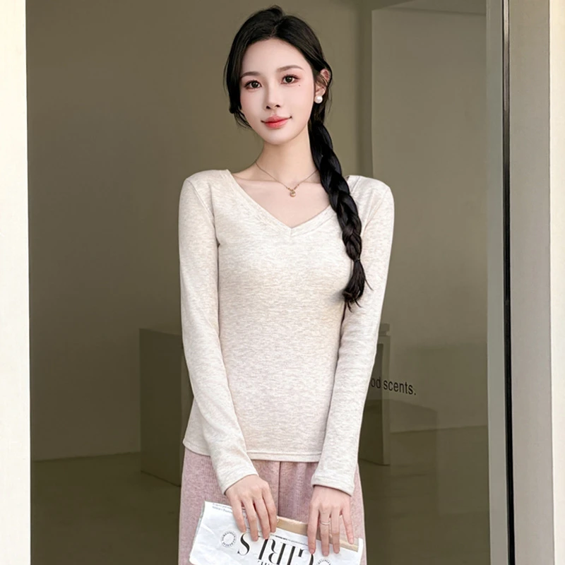 TB纯色领加绒短款打底衫女洋气内搭秋冬季新款高级感修身磨毛上衣