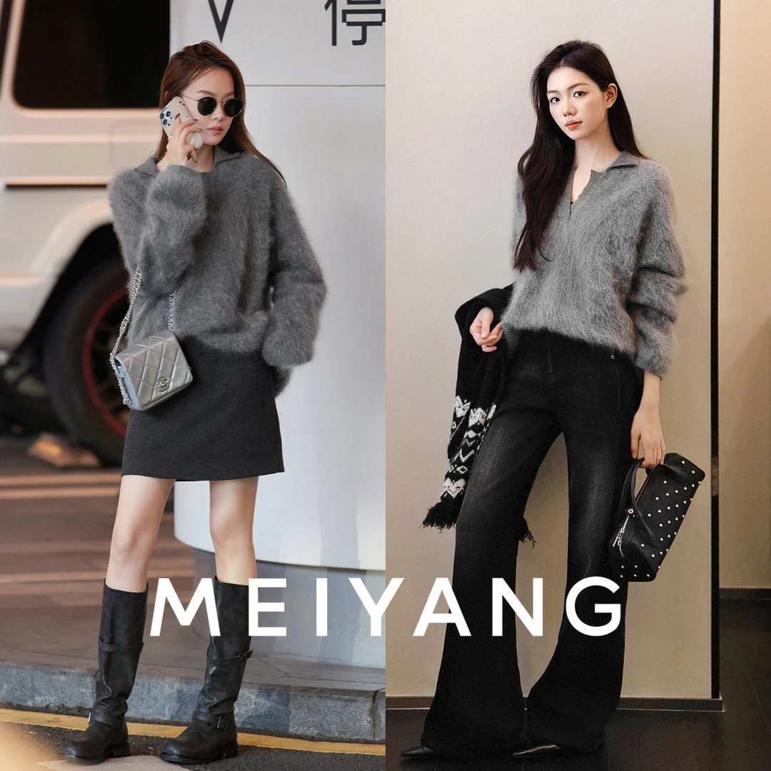美洋MEIYANG 松针羊绒衫 呼吸感~拉绒POLO锁骨领随性针织衫-周四