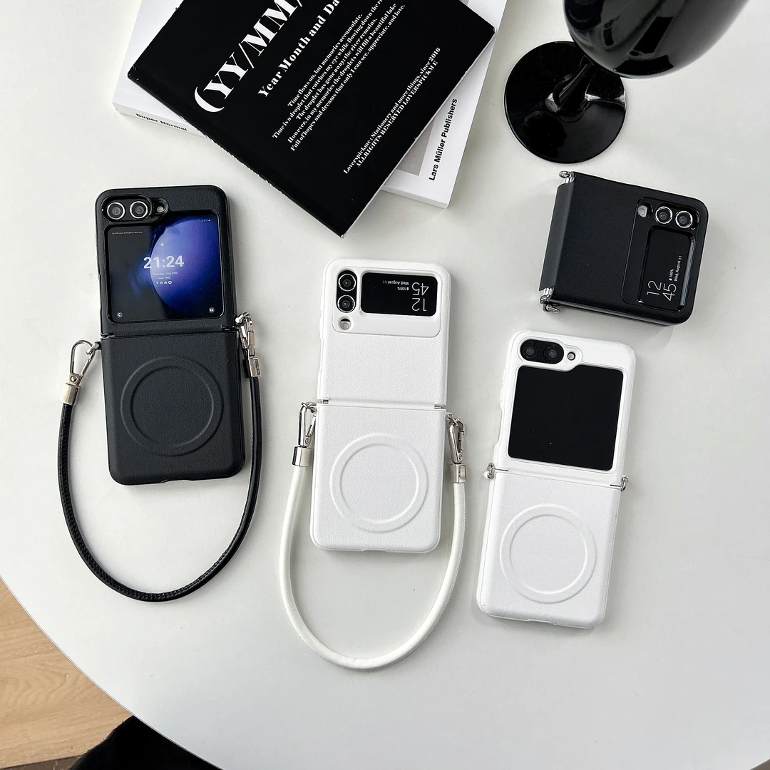 适用三星zflip7手机壳新款纯色磁吸皮质zflip5中轴全包zflip6简约