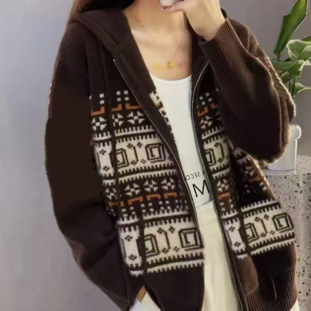 26早春新款拉链开衫女连帽费尔岛毛衣外搭宽松长袖外套7714