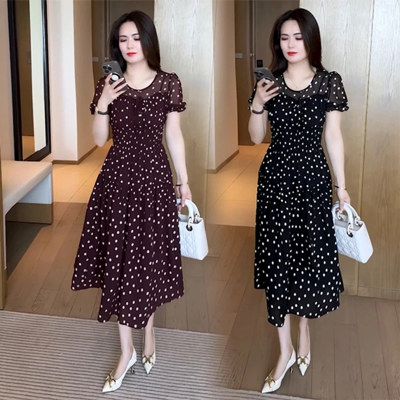夏季洋气时尚气质连衣裙减龄百搭印花拼接波点碎花裙子