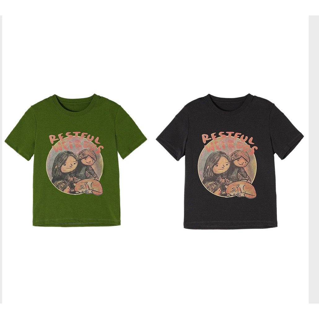 快乐星球T220g32支巴黎双纱法式复古T恤女油画感印花T W23BA1092