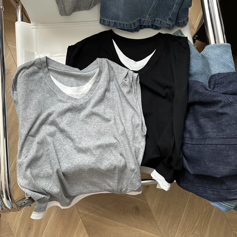 夏季新款 小众假两件设计无袖背心 简约休闲宽松显瘦无袖上衣