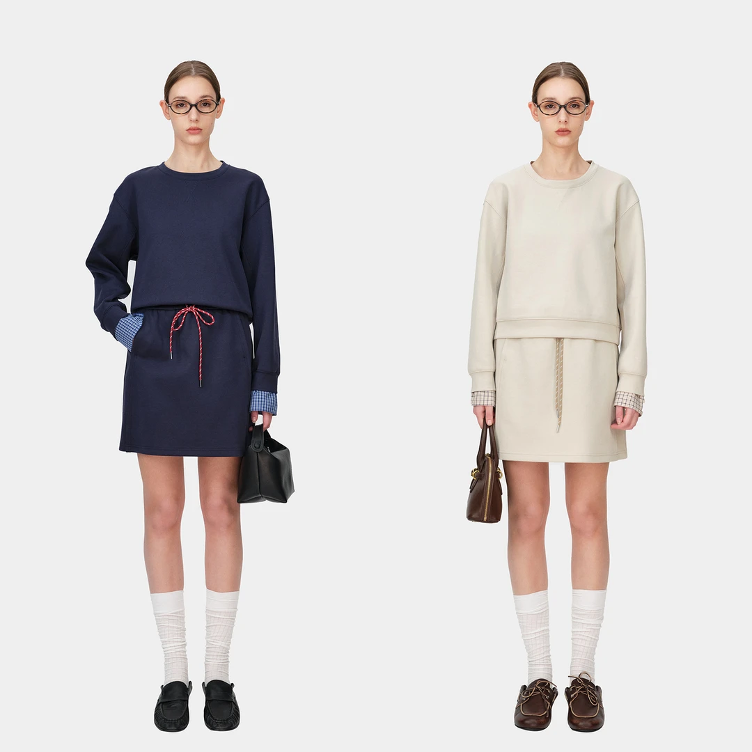 Marllen一衣多穿 MIU系学院套装拼格纹假两件卫衣抽绳/半身裙女春