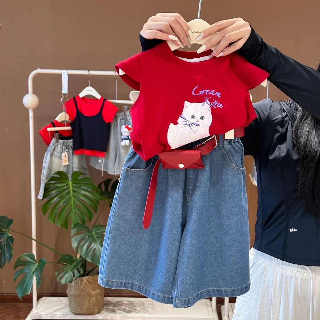 【彩虹家】2025夏款卡通猫咪T恤牛仔短裤套装--88376