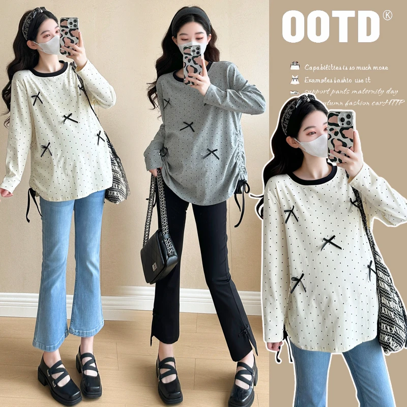 春季款韩版孕妇长袖T恤大码宽松抽绳时尚孕期蝴蝶结设计时尚上衣