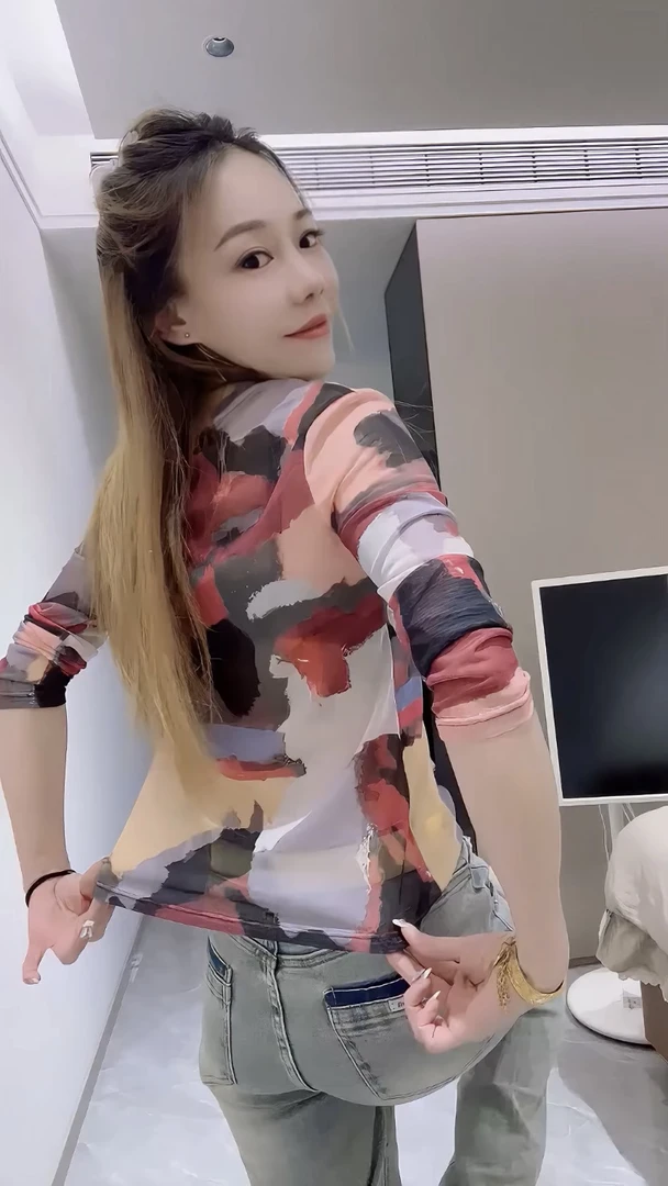 欧货2025夏季新款晕染网纱长袖T恤女修身显瘦百搭打底防晒衫上衣