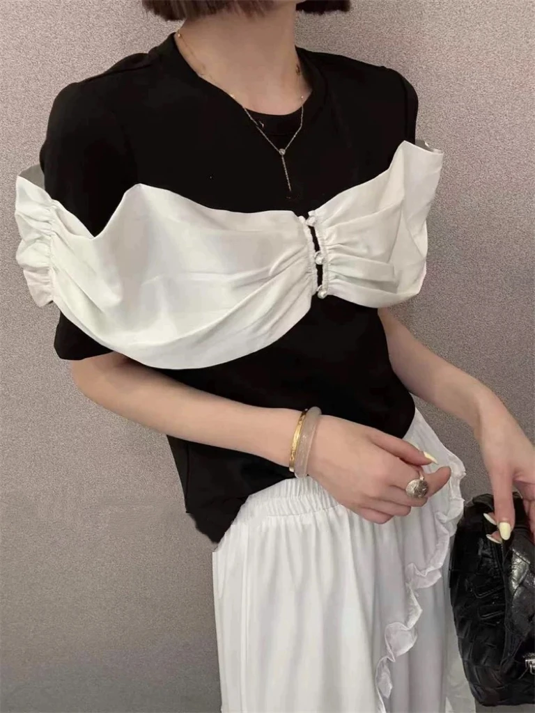 【80163】柒#设计感拼接圆领修身上衣