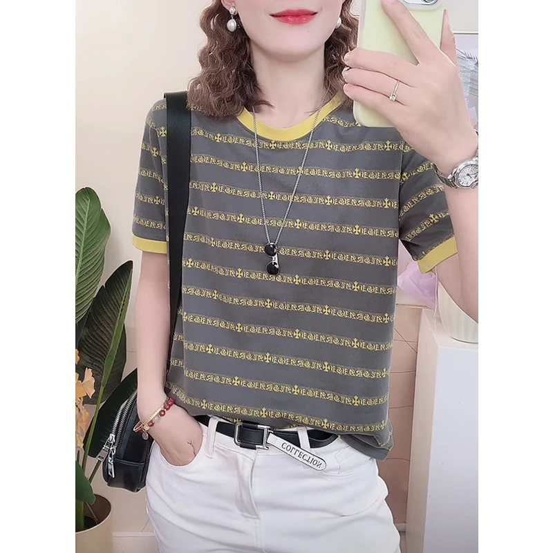 2025年夏季条纹短袖T恤女圆领显瘦洋气休闲打底衫上衣 121-0509