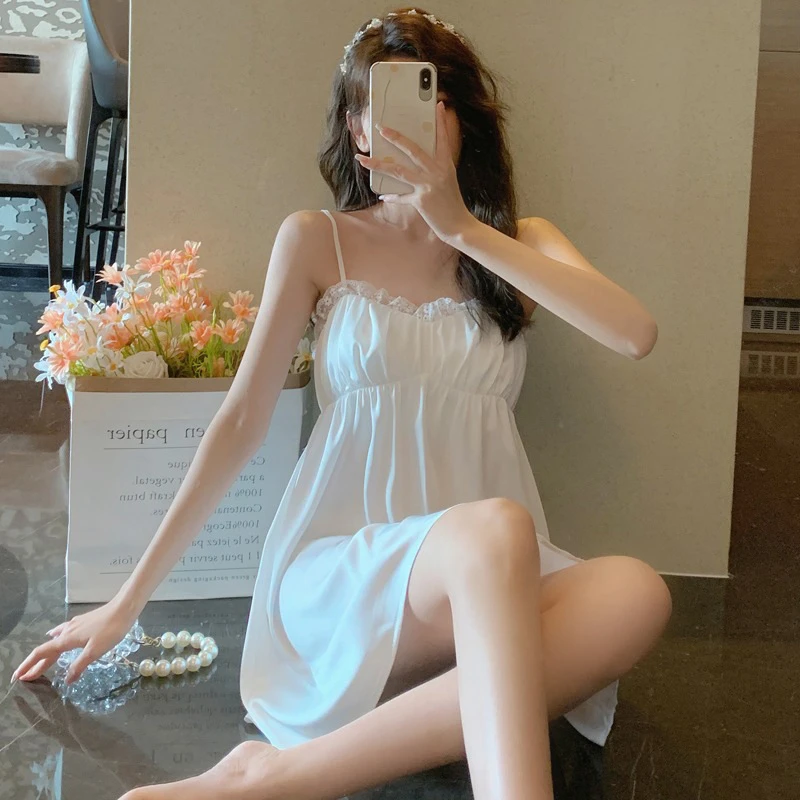 吊带睡裙蕾丝花边仿真丝薄款女士中短裙夏甜美性感纯欲高级感批发