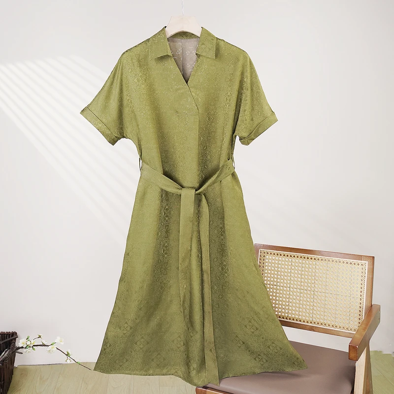 桑蚕丝女装连衣裙气质轻奢复古显瘦纯色印花LW  9L1252 豆绿