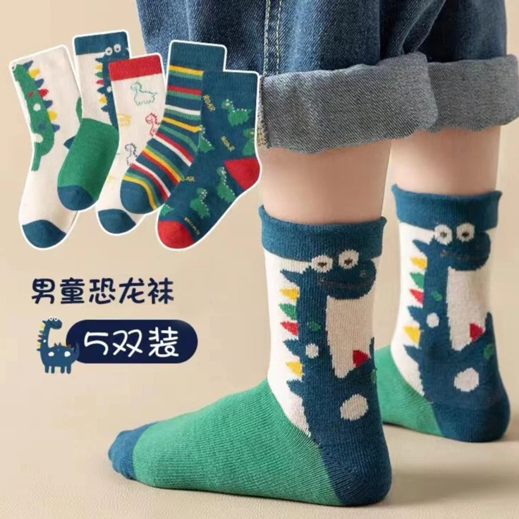 春秋儿童袜子中大童恐龙潮袜男童学生卡通小童女童运动棉袜中筒袜