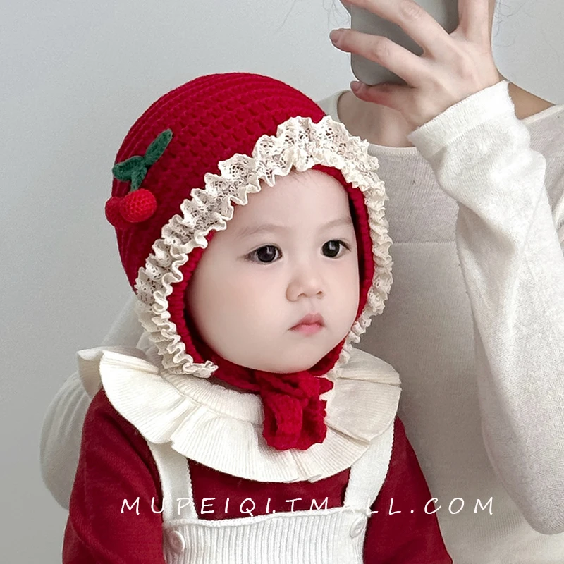 婴幼儿帽子秋冬季毛线帽韩版女宝宝公主小樱桃护耳帽针织包头保暖