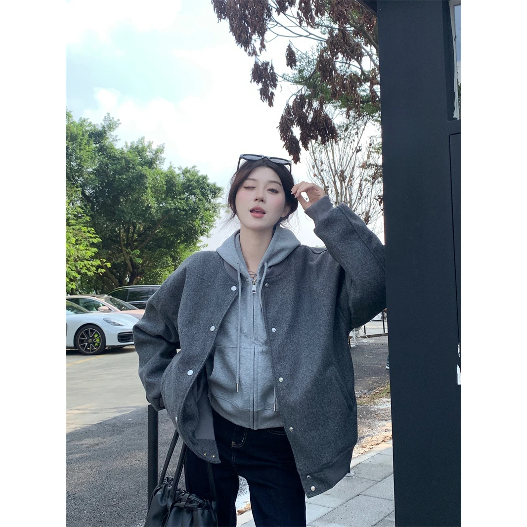 美式复古加厚长袖毛呢棒球服外套女2025秋冬新款宽松休闲夹克衫潮