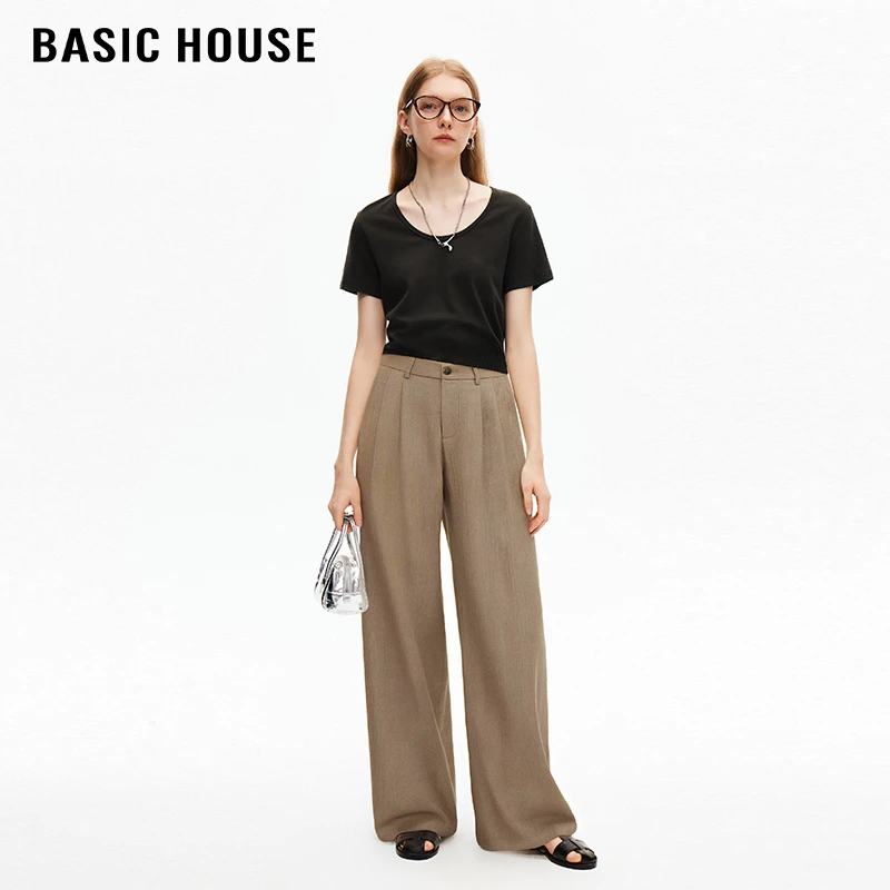 百家好/Basic House高腰半松紧休闲西装裤女时尚宽松直筒长裤2024