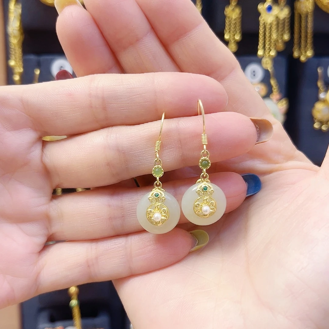 和田玉银S925镀金镶嵌耳饰