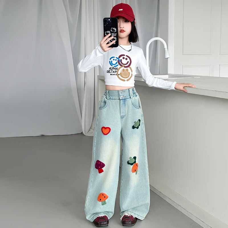 【嘻嘻柚】女童春秋绣花牛仔阔腿裤2025新款修身长袖T宽松直筒长裤
